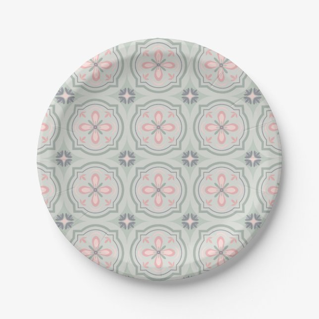 Green Pastel Floral Tiles Paper Plate (Front)