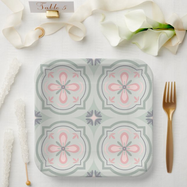 Green Pastel Floral Tiles Paper Plate (Wedding)
