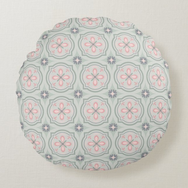 Green Pastel Floral Tiles Round Cushion (Front)