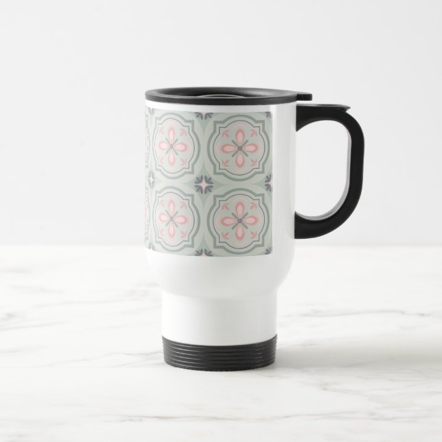 Green Pastel Floral Tiles Travel Mug (Right)
