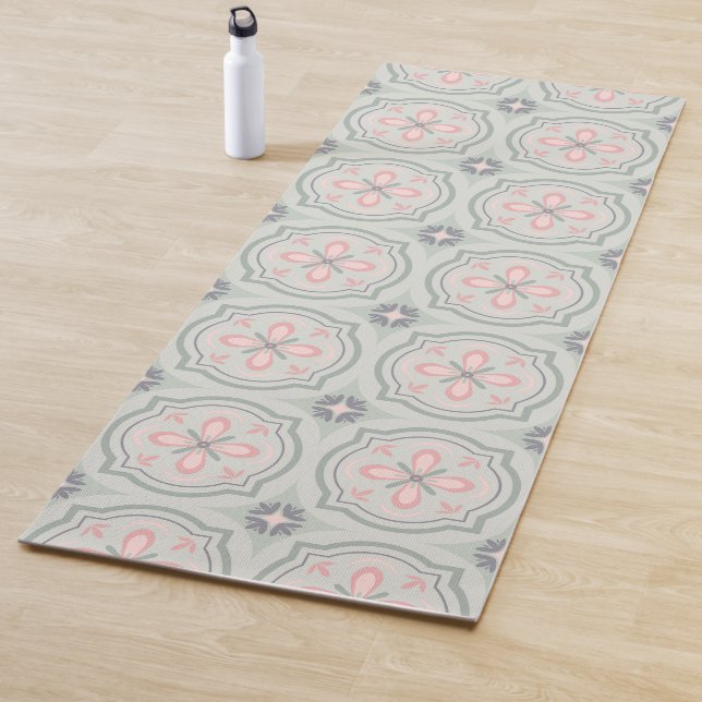 Green Pastel Floral Tiles Yoga Mat (In Situ)
