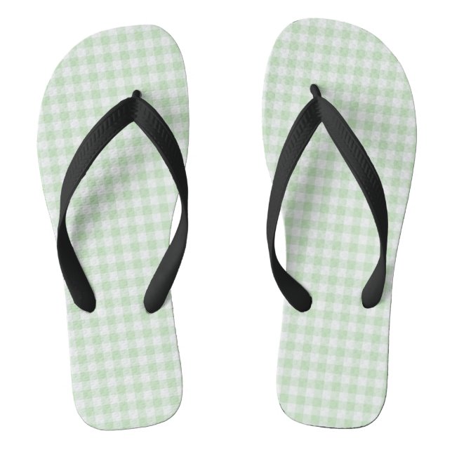 Green Pastel Gingham Flip Flops, Adult Wide Strap Flops (Footbed)