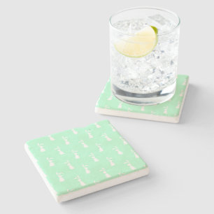 Green Pastel White Rabbit Easter Spring Season Stone Coaster