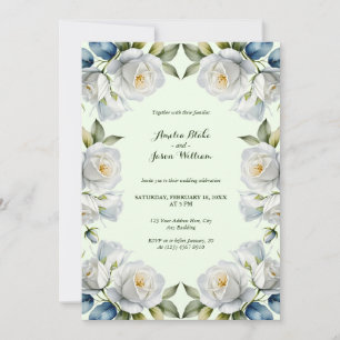 Green Pastel White Rose Floral Border Wedding Invitation