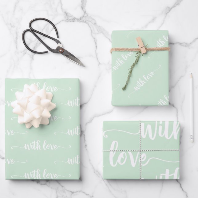 Green Pastel With Love Wrapping Paper Sheets (Front)