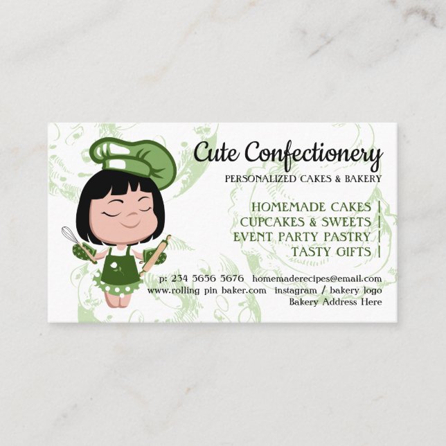 Green Pastry Chef Woman Cartoon Bakery Business Card (Front)