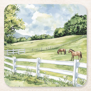 Green Pastures Ranch Horses Square Paper Coaster