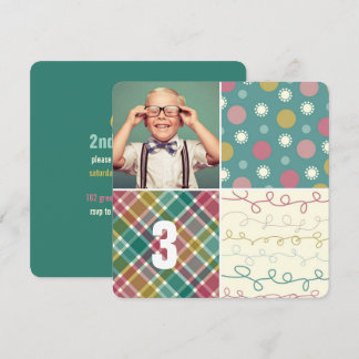 Green Patchwork Pattern Squares Boy Photo Birthday Invitation