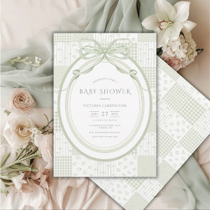 Green Patchwork Plaid Vintage Baby Shower Invitation