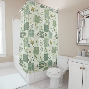 Green Patchwork Quilt Rustic Retro Floral  Shower Curtain