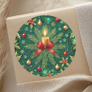 Green Pattern Gold Candle Poinsettia Flower Classic Round Sticker