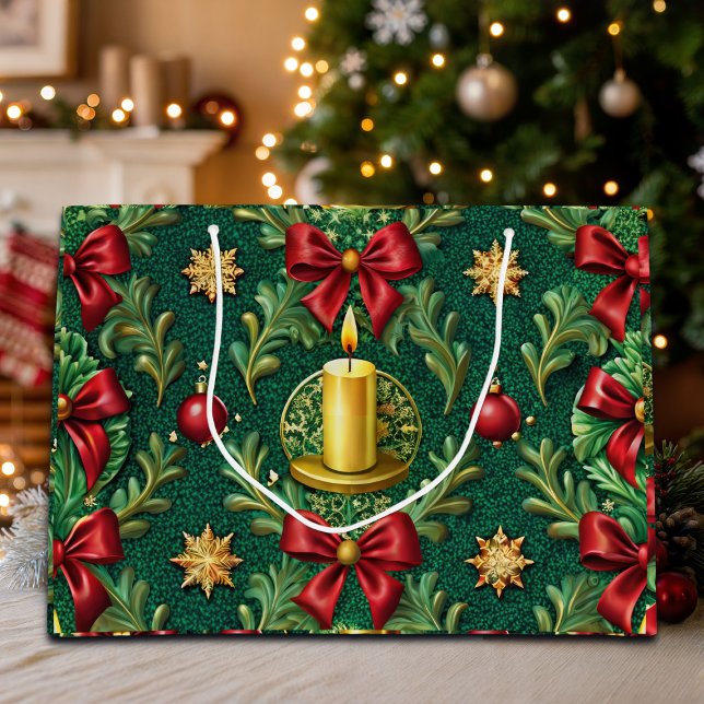 Green Pattern Gold Candle Poinsettia Flower Large Gift Bag (Creator Uploaded)