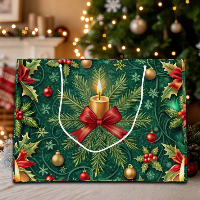 Green Pattern Gold Candle Poinsettia Flower Large Gift Bag (Creator Uploaded)