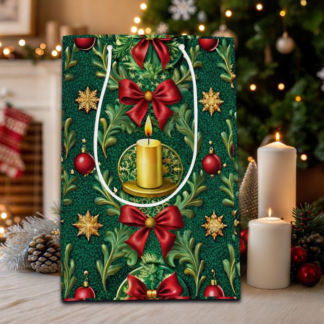 Green Pattern Gold Candle Poinsettia Flower Medium Gift Bag (Creator Uploaded)