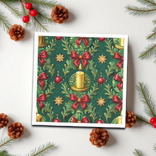 Green Pattern Gold Candle Poinsettia Flower Napkin