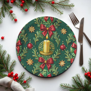 Green Pattern Gold Candle Poinsettia Flower Paper Plate