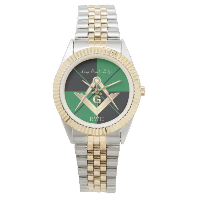 Green Pattern Monogram Masonic Lodge Watch (Front)