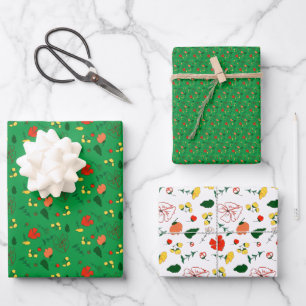 Green pattern red orange wildflower wrapping paper