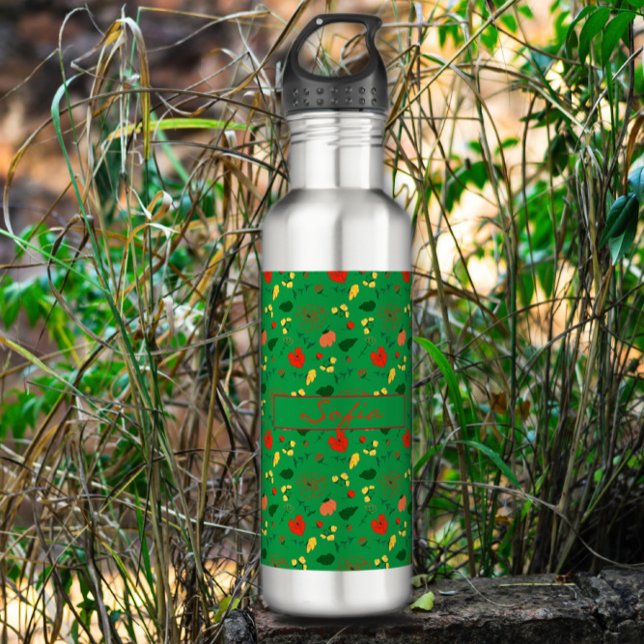 Green pattern wildflowers red poppy   710 ml water bottle (Creator Uploaded)