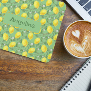 Green pattern yellow watercolor lemon mouse pad