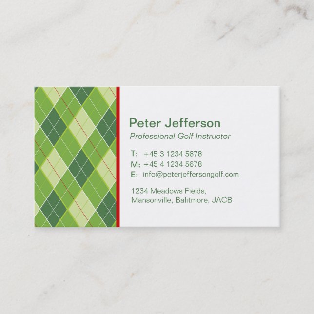 Green patterned Golf instructor business cards (Front)