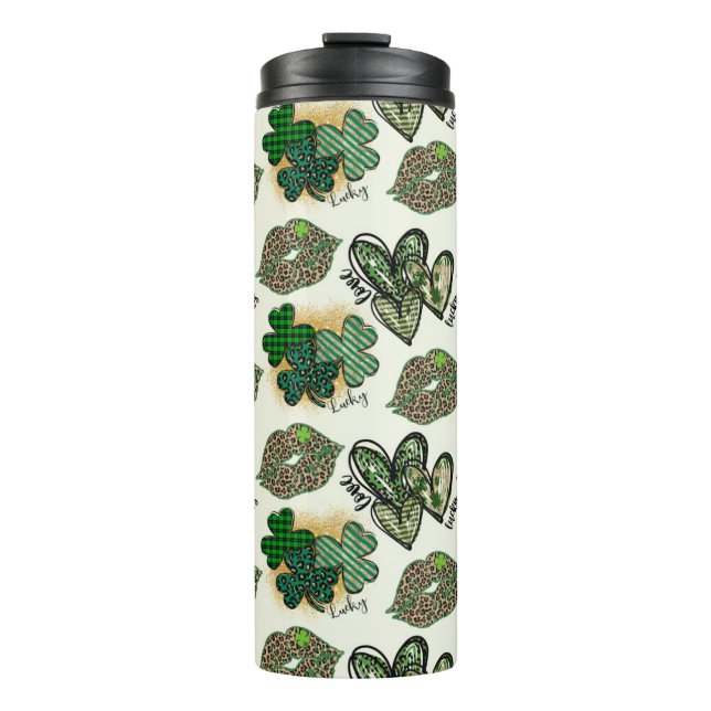 GREEN PATTERNED IRISH HEARTS LIPS AND SHAMROCKS THERMAL TUMBLER (Front)