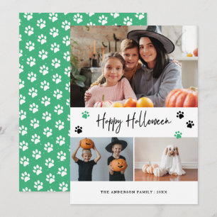 Green Paw Print Pet Photo Happy Halloween Holiday Card