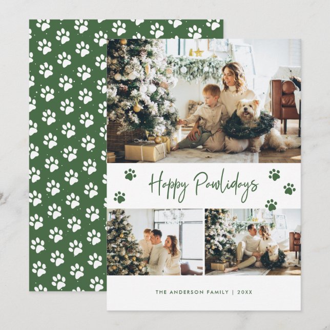 Green Paw Print Photo Collage Happy Pawlidays Pet Holiday Card (Front/Back)