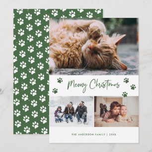 Green Paw Print Photo Collage Meowy Christmas Pet Holiday Card