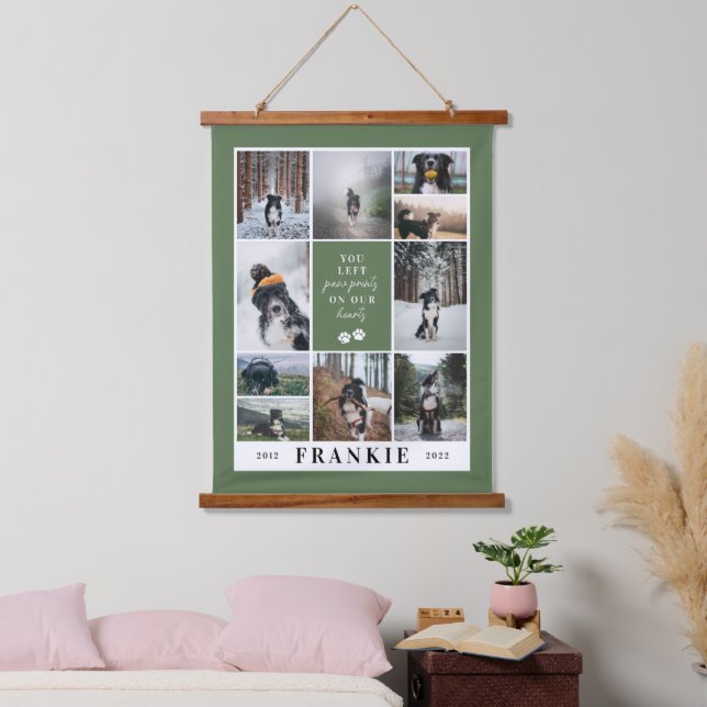 Green Paw Prints Our Hearts Pet Memorial Collage Hanging Tapestry (Bedroom)