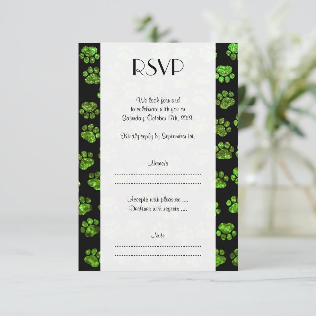 Green Paws, Glitter Paws, Green Glitter, Wedding RSVP Card (Standing Front)