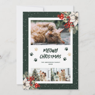 Green Paws Snow Poinsettia Photo Christmas Card
