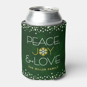 Green Peace Joy Love Christmas Modern Snowflake Can Cooler