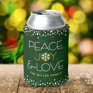Green Peace Joy Love Christmas Modern Snowflake Can Cooler