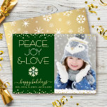 Green Peace Joy Love Photo Snowflakes Real Gold Foil Holiday Card<br><div class="desc">“Peace, joy & love.” A fun, playful, real gold foil and white snowflake illustration, real gold foil confetti dots, and real gold foil and white modern typography on a hunter green background, along with the custom photo of your choice, help you usher in the holiday season. A random white snowflake...</div>