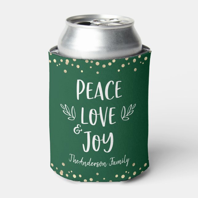 Green Peace Love Joy Modern Typography Gold Dots Can Cooler (Can Front)