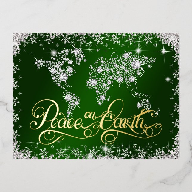 Green Peace on Earth Emerald and Diamonds Foil Holiday Postcard (Front)