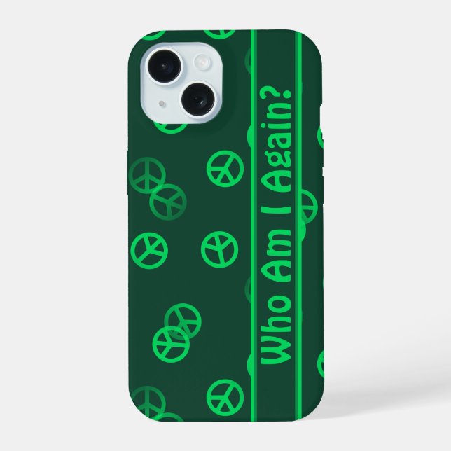 Green Peace Sign Pattern w/ Custom Text iPhone 15 Case (Back)