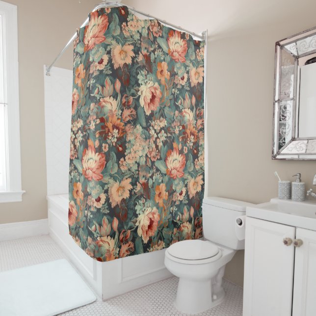 Green & Peach Bohemian Floral Shower Curtain (In Situ)