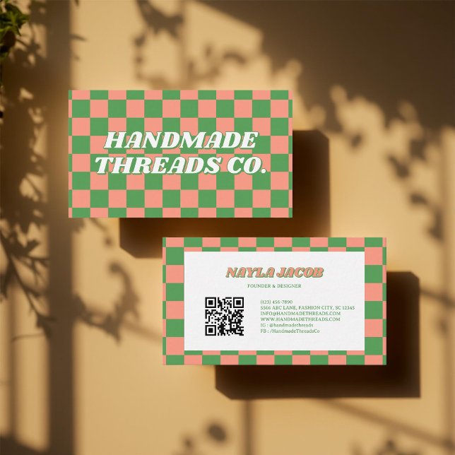 Green Peach Chequerboard Modern Retro Professional Business Card (Creator Uploaded)