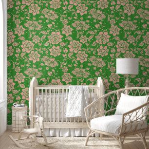 Green peach colour floral flower peel and stick wallpaper