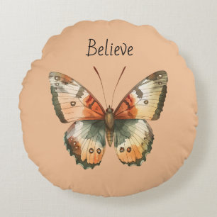 Green Peach Cream Butterfly Round Cushion