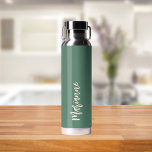 Green peach custom name script water bottle<br><div class="desc">Green background.  Personalise and add your name.   Peach coloured handwritten style script.</div>