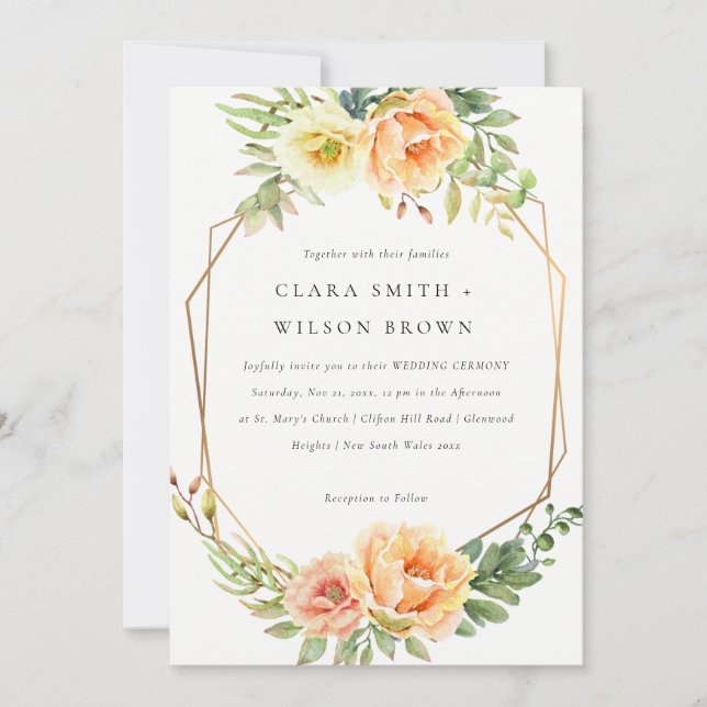 GREEN PEACH DESERT SUCCULENT CACTI FOLIAGE WEDDING INVITATION (Front)