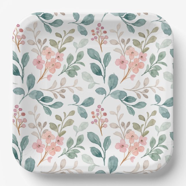 Green Peach Floral Paper Plates, Botanical Party Plate (Front)