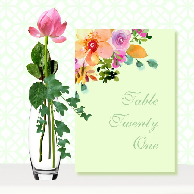 Green Peach Pink Floral Bouquet Script Wedding Table Number (Creator Uploaded)