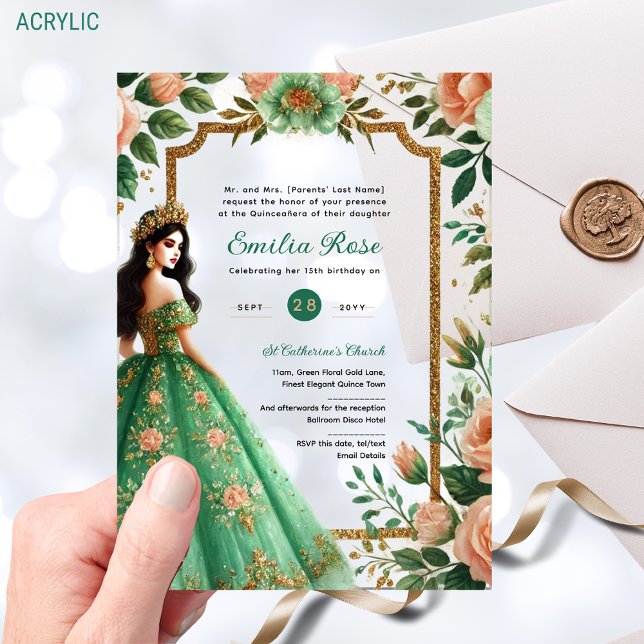 Green Peach Quinceañera Emerald Dress Mis Quince Acrylic Invitations (Creator Uploaded)