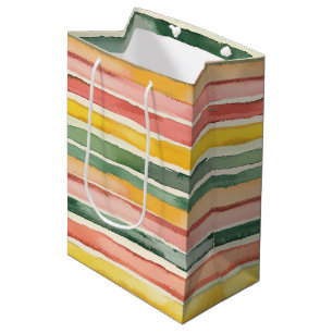 Green Peach Rose Red Yellow Stripes Birthday Medium Gift Bag
