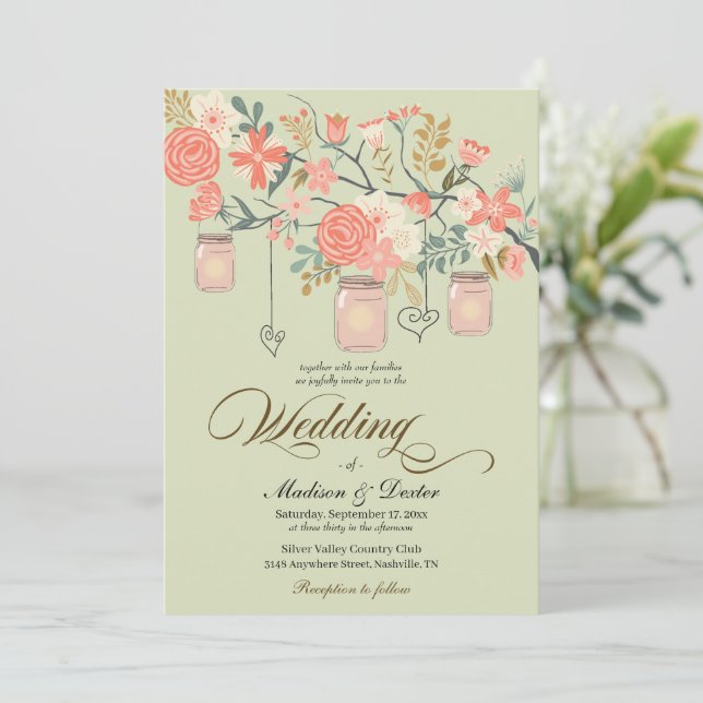 Green Peach Rustic Mason Jar Wedding Invitation (Standing Front)