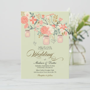 Green Peach Rustic Mason Jar Wedding Invitation